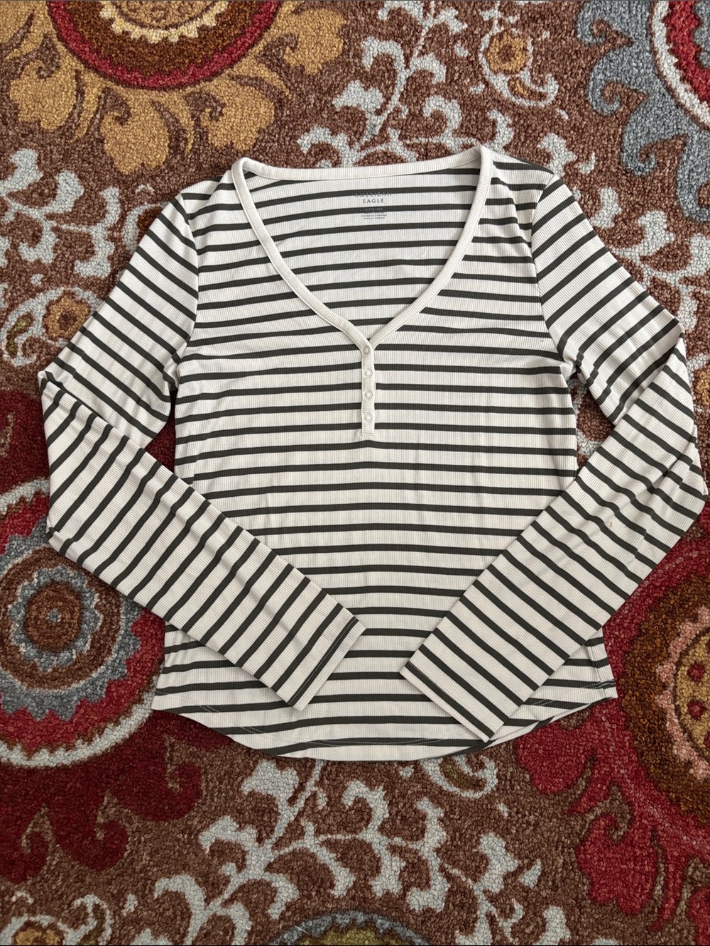 American Eagle Outfitters White and Green Striped Henley Long-Sleeve top